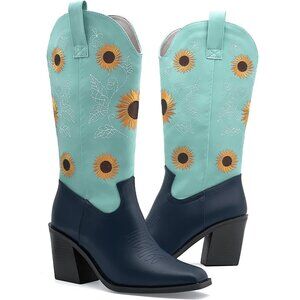Nzzoo Western Boots Women Blue With Black Cowboy Wide Mid Calf Cowgirl Shoes